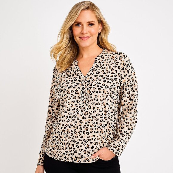 Zac & Rachel Cheetah Animal Print Blouse Large Brown White Long Sleeve Career - Picture 1 of 7